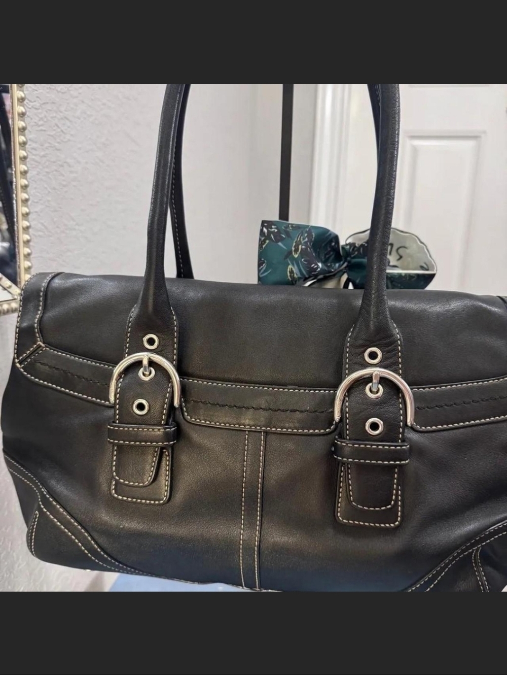 Coach Black Leather Shoulder Bag with Silver-Tone Buckles